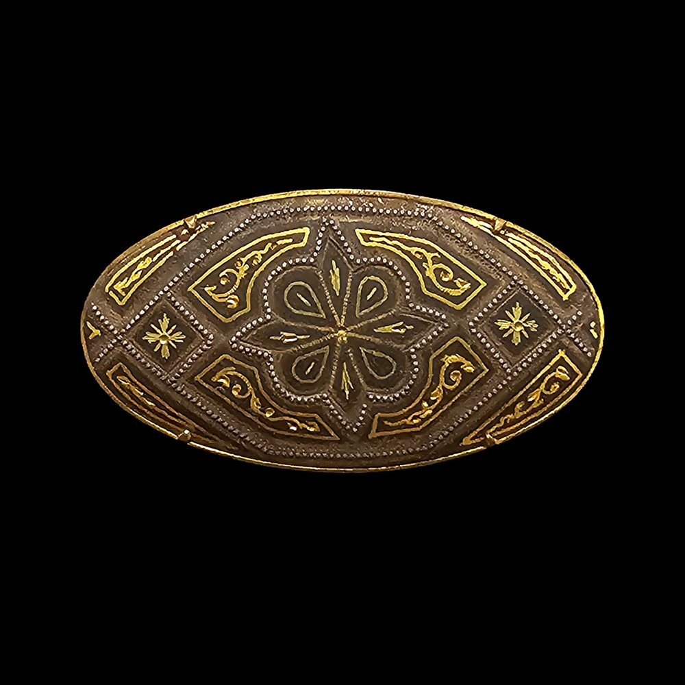 Vintage Spain Damascene Oval Brooch Gold on Black Floral Scroll Trombone Clasp